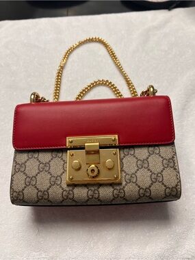 Gucci Padlock Small GG Supreme Canvas Chain Shoulder Bag Red Pink Entrupy COA
